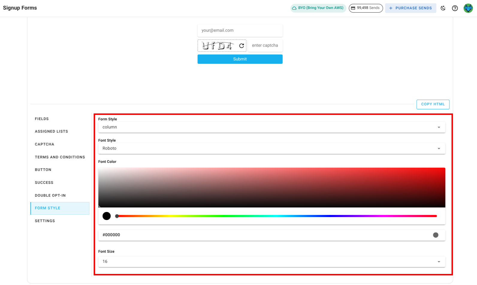 Screenshot of the subscriber lists sign-up page form style section