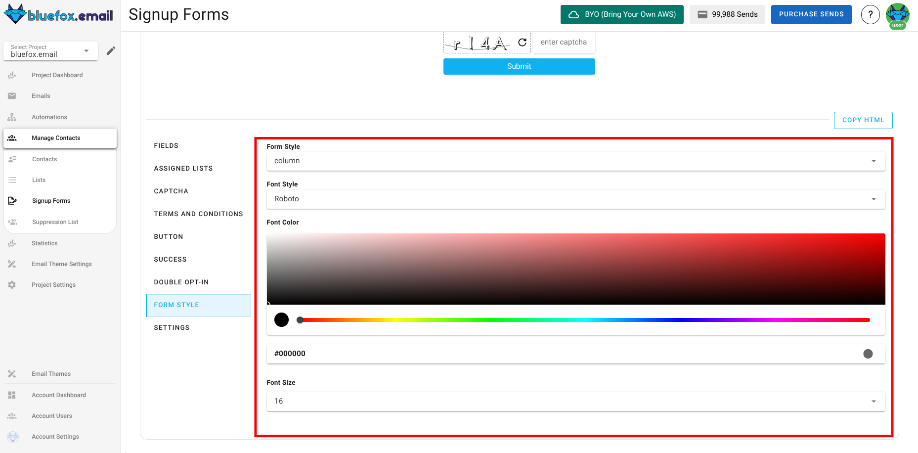 Screenshot of the subscriber lists sign-up page form style section