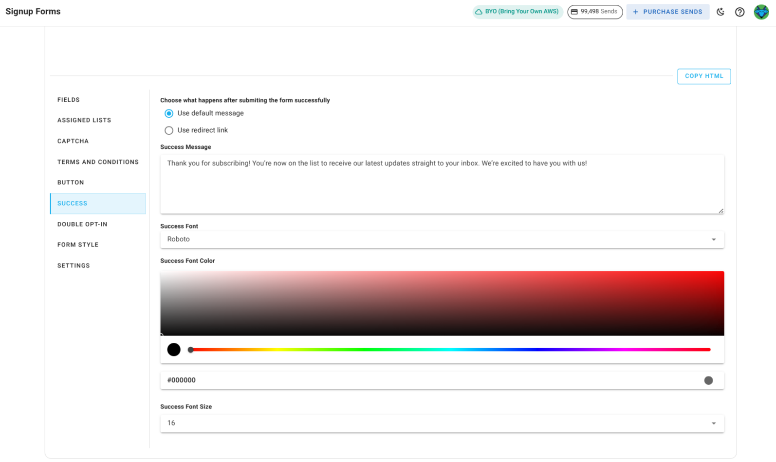 Screenshot of the subscriber lists sign-up page success message section