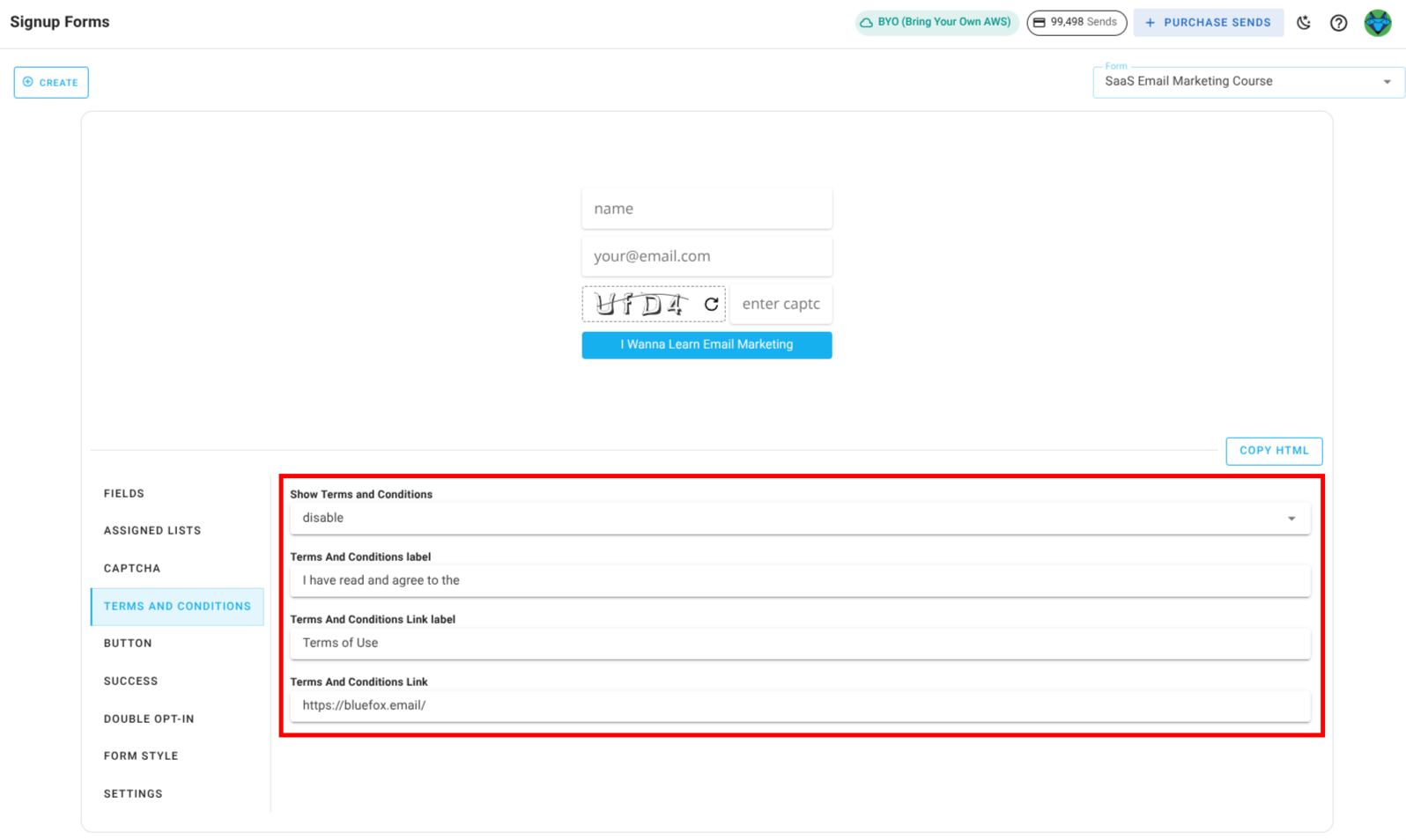 Screenshot of the subscriber lists sign-up page terms and conditions section
