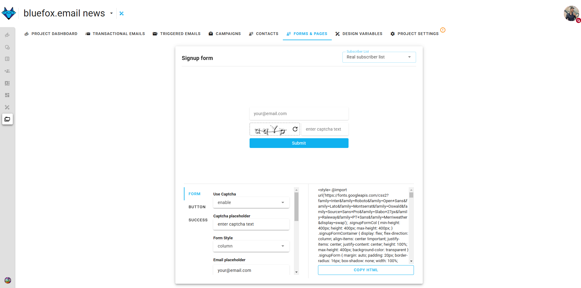 Screenshot of the subscriber lists sign-up page