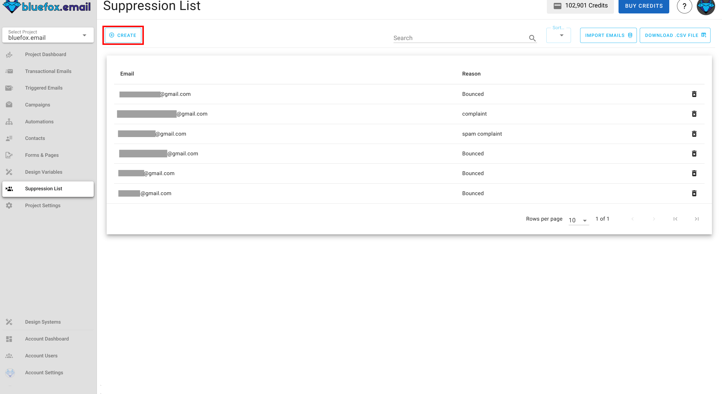 Screenshot of the suppression list create button