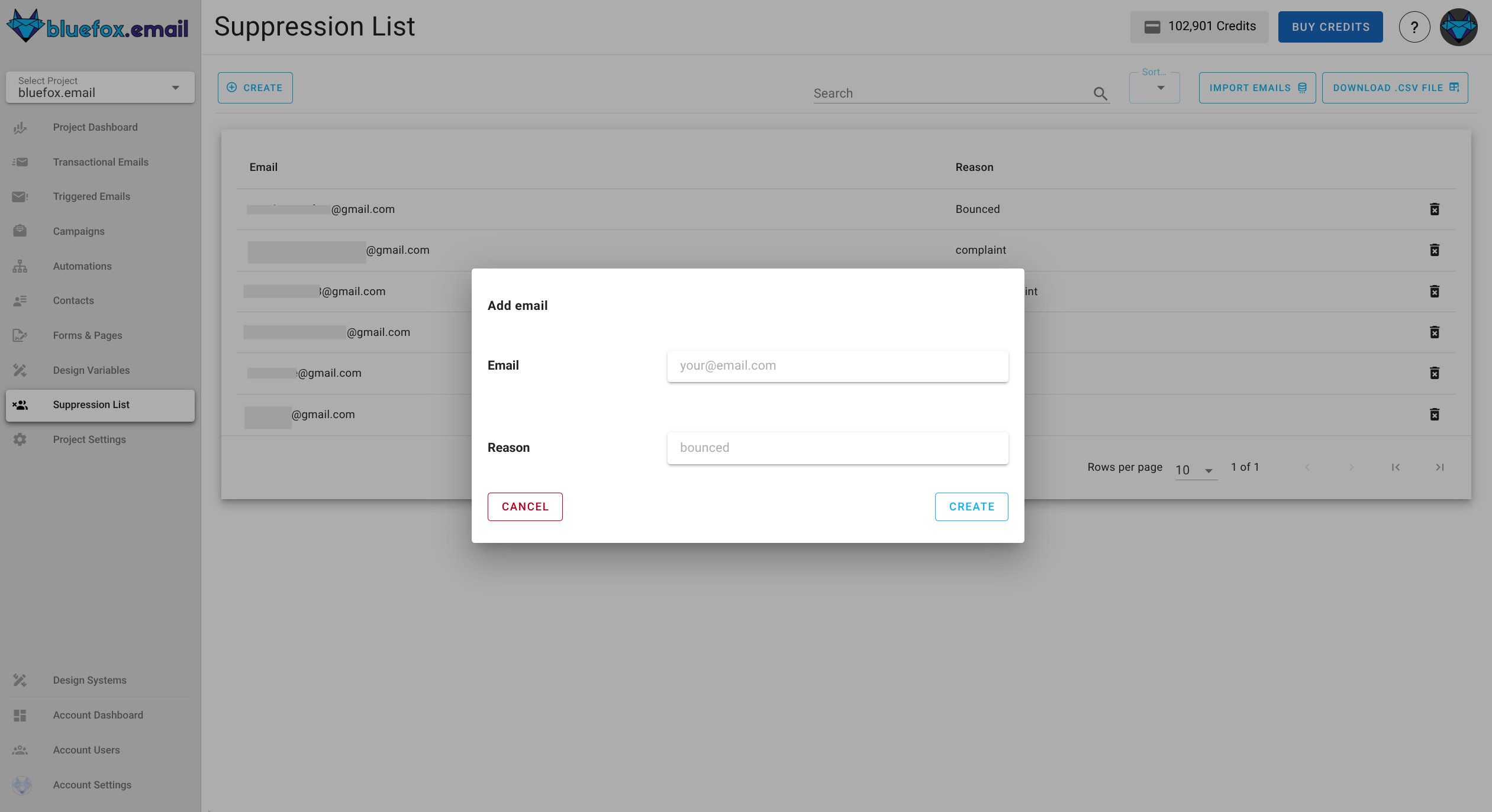 Screenshot of the suppression list create menu