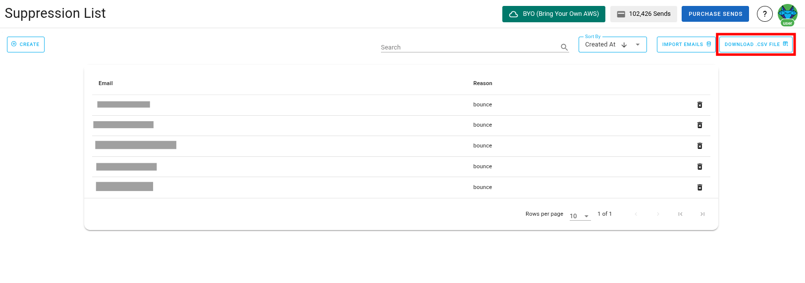 Screenshot of the suppression list download button