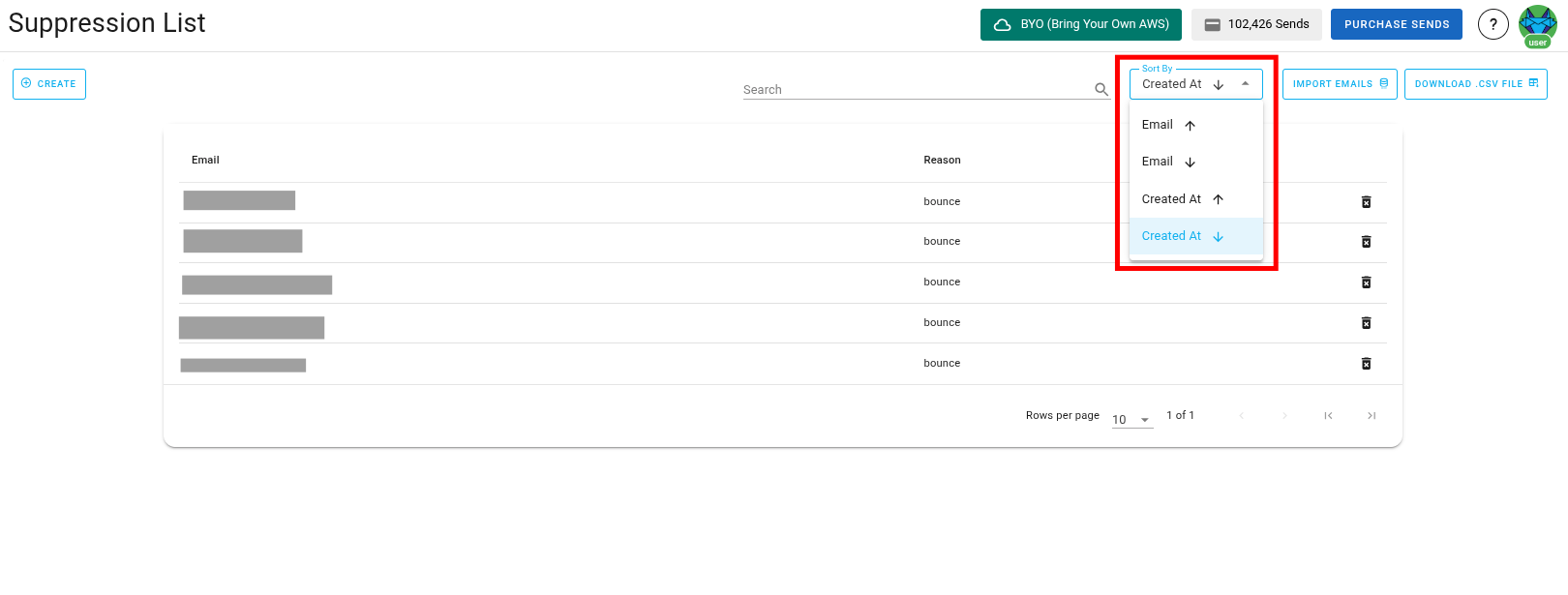 Screenshot of the suppression list sort button