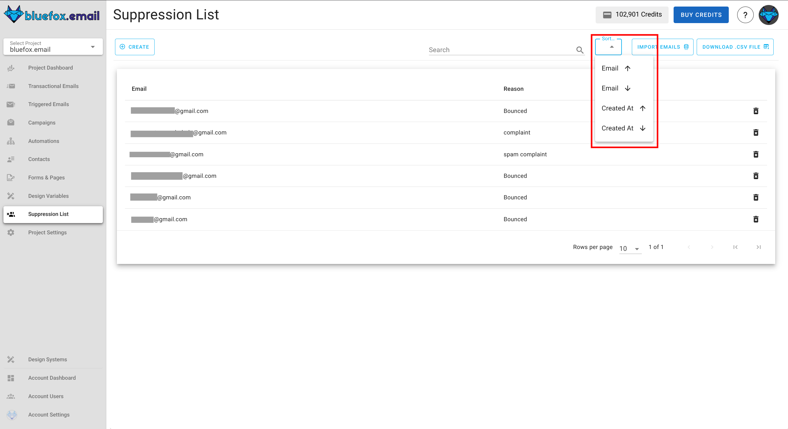 Screenshot of the suppression list sort button