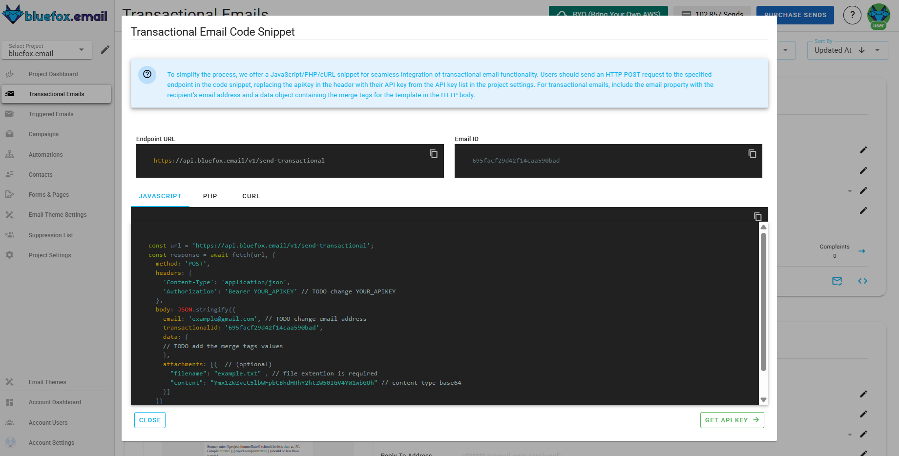 A screenshot of a transactional email's generated code, copy button highlighted.