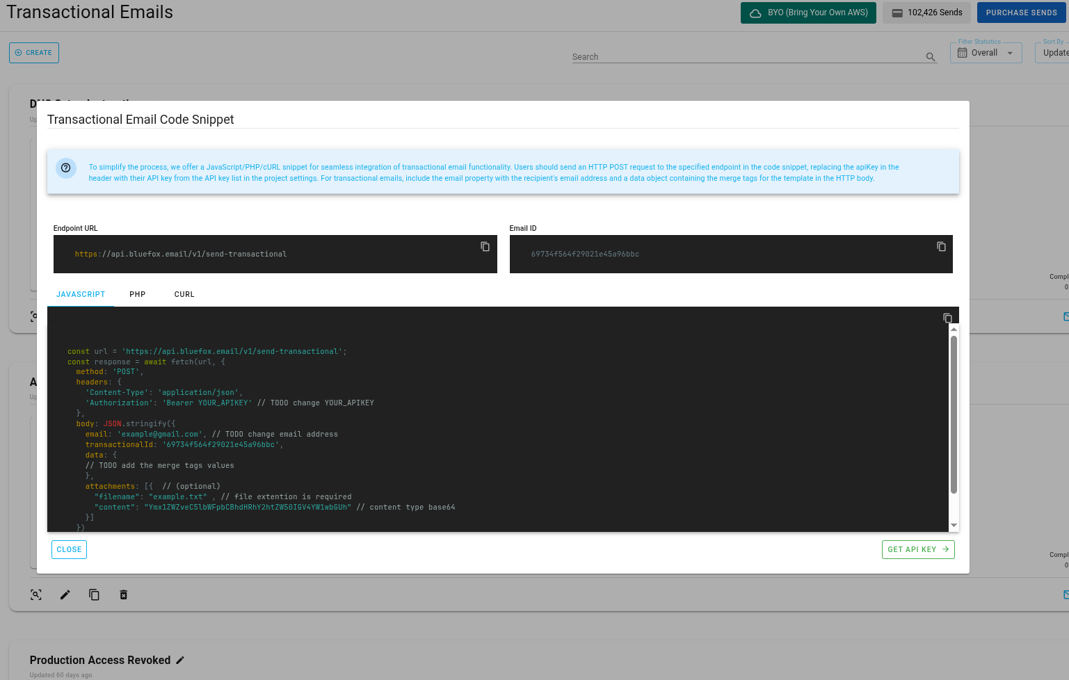 A screenshot of a transactional email's generated code, copy button highlighted.
