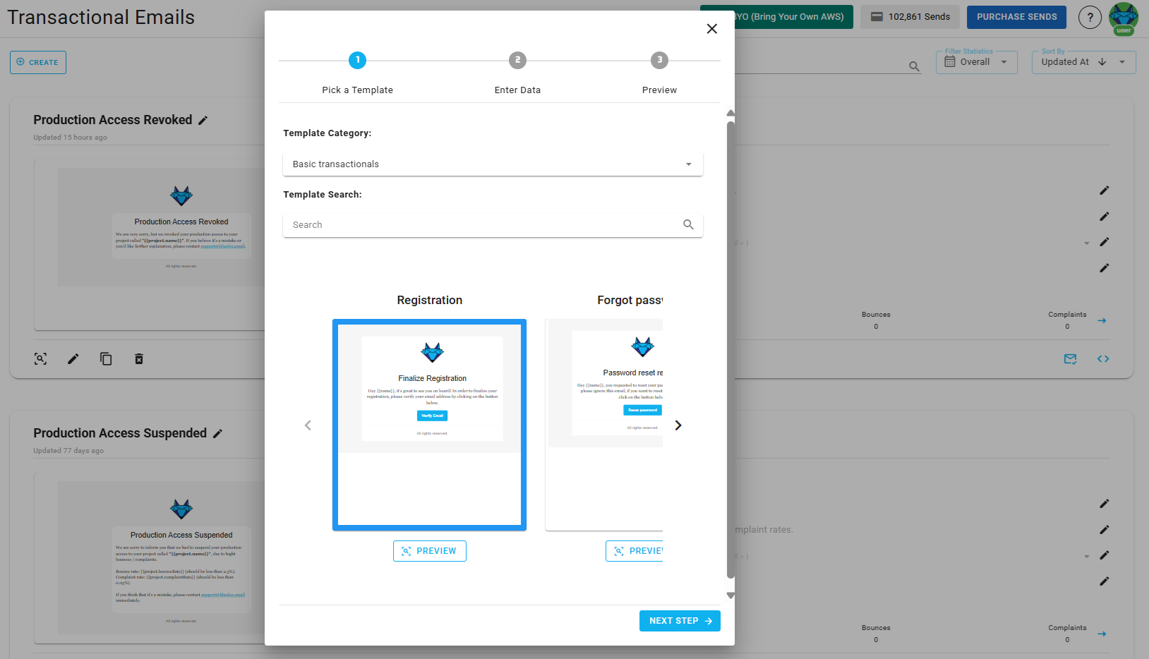 A screenshot of a project's transactional emails - create: template selection.