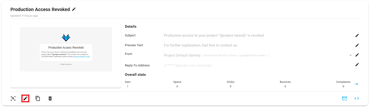 A screenshot of a transactional email card, edit button highlighted.