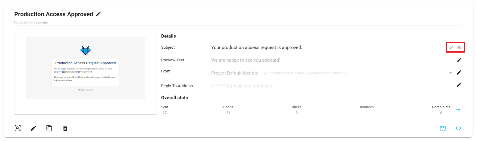A screenshot of a transactional email being edited, save button highlighted.