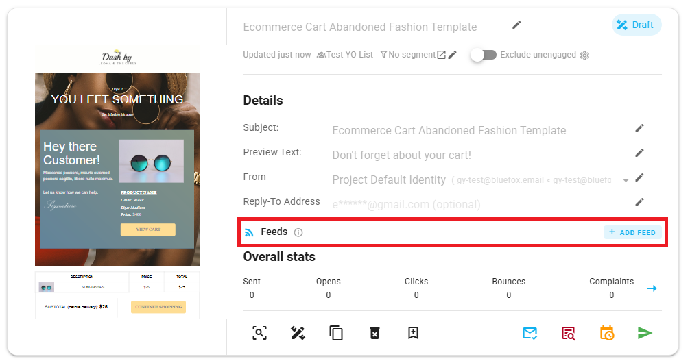 A screenshot of a transactional email card with the Feeds section and Add Feed button highlighted.