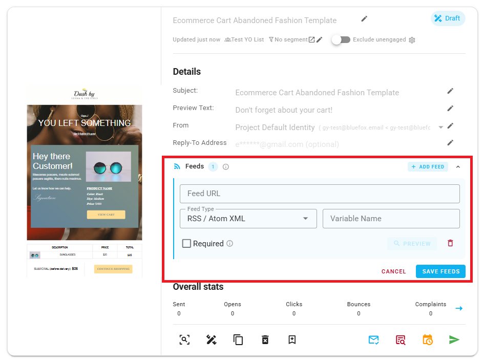 A screenshot of the Add Feed form expanded on a transactional email card.