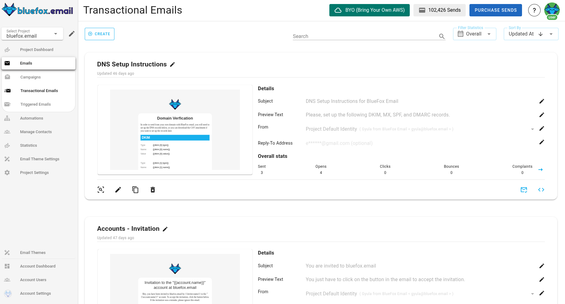 A screenshot of a project's transactional emails.