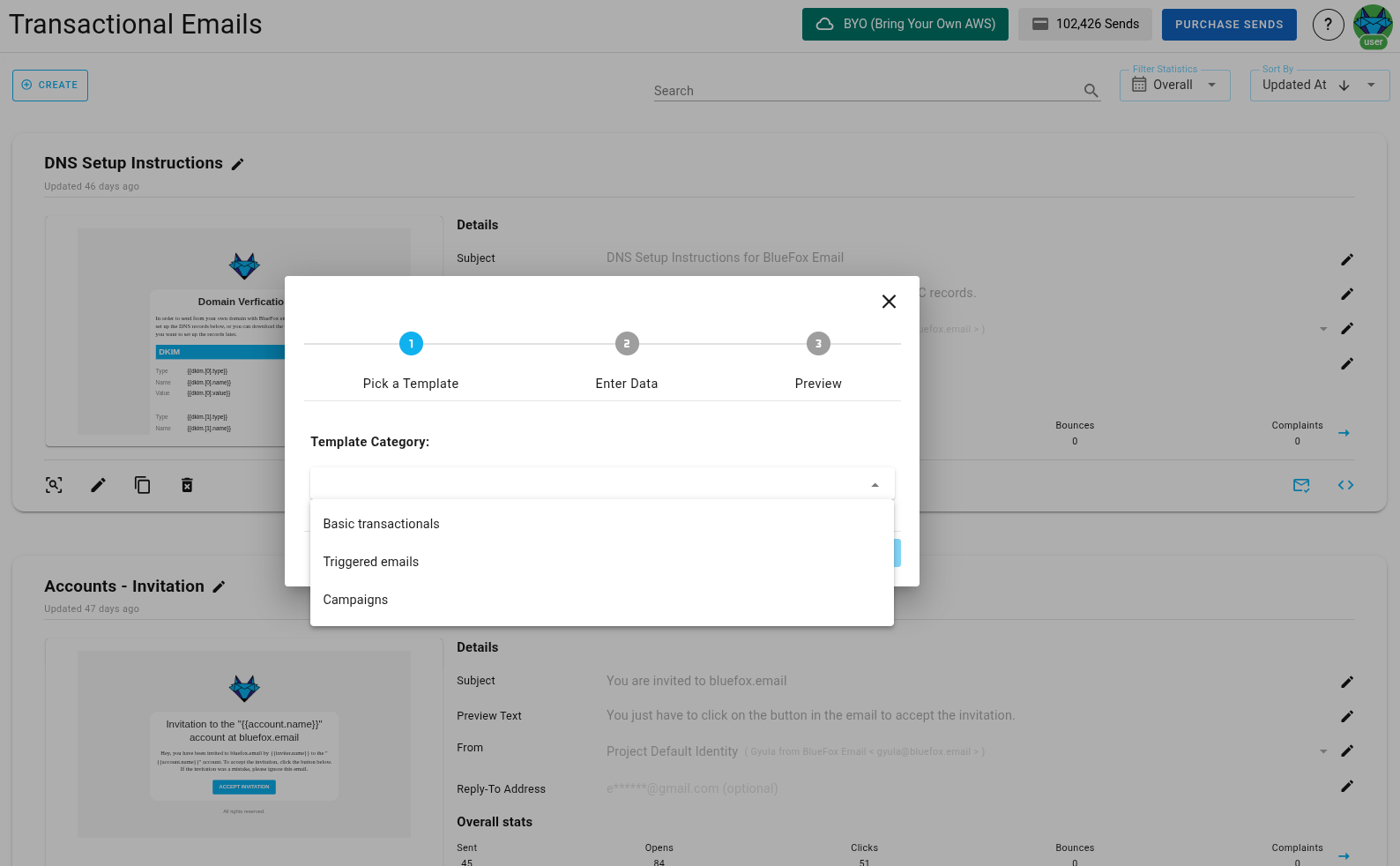 A screenshot of a project's transactional emails - Copy and Past or Create from Scratch options.