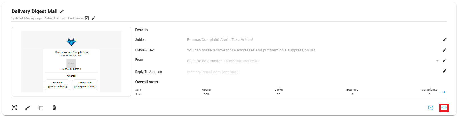 A screenshot of a triggered email card, with the code button highlighted.
