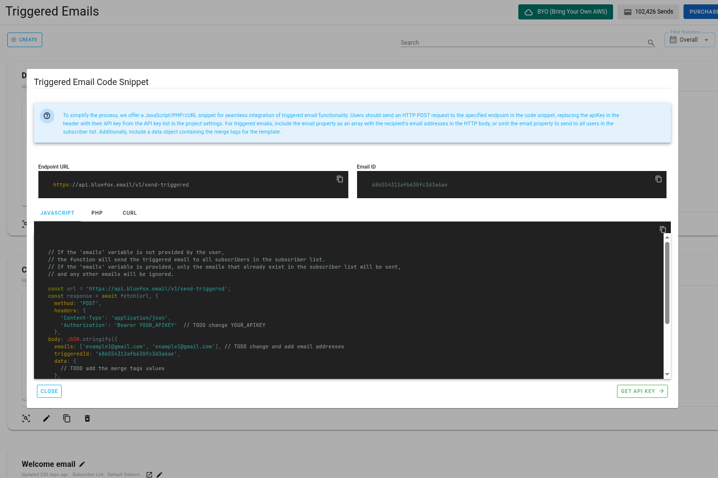 A screenshot of a triggered email's generated code, copy button highlighted.