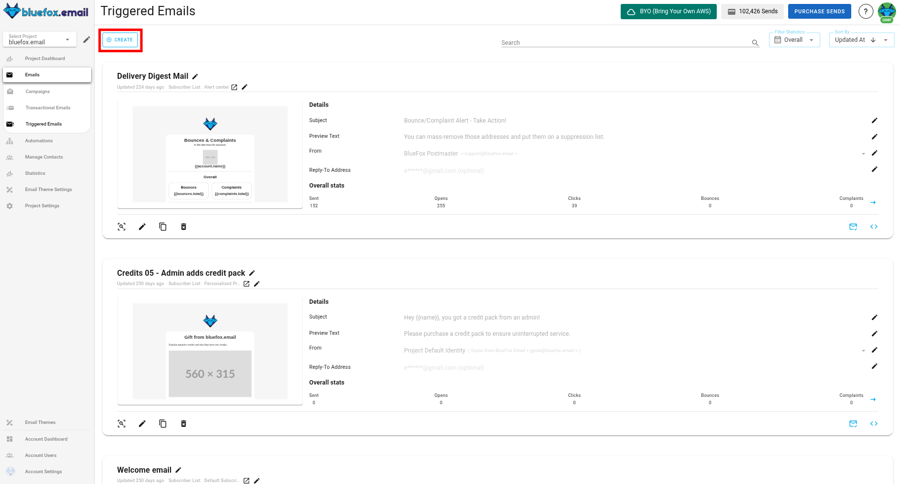 A screenshot of a project's triggered emails - new button highlighted.