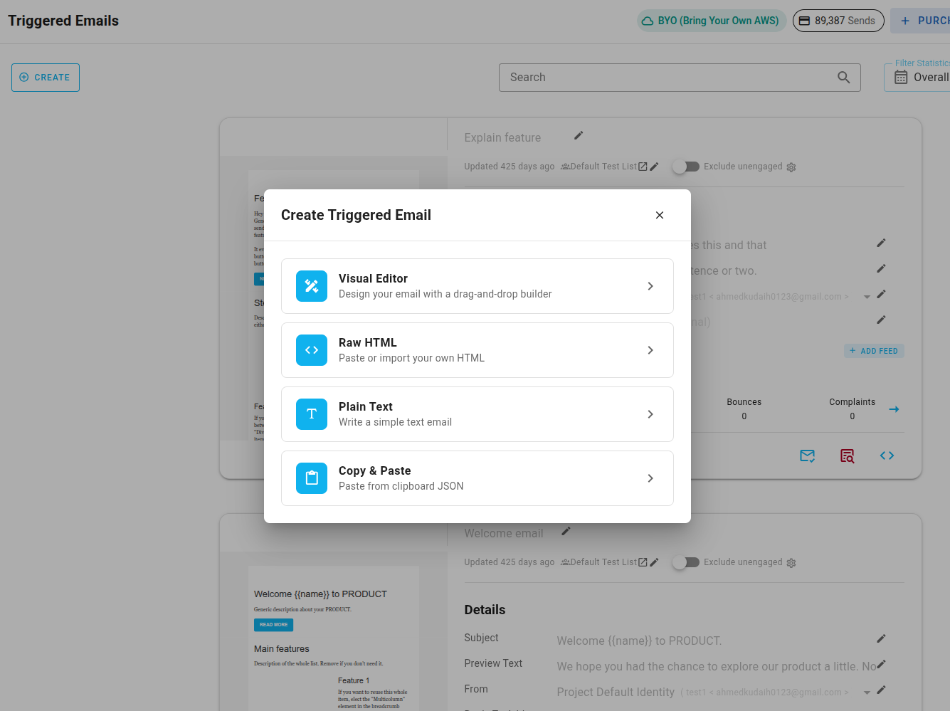 A screenshot of a project's triggered emails - Copy and Past or Create from Scratch options .