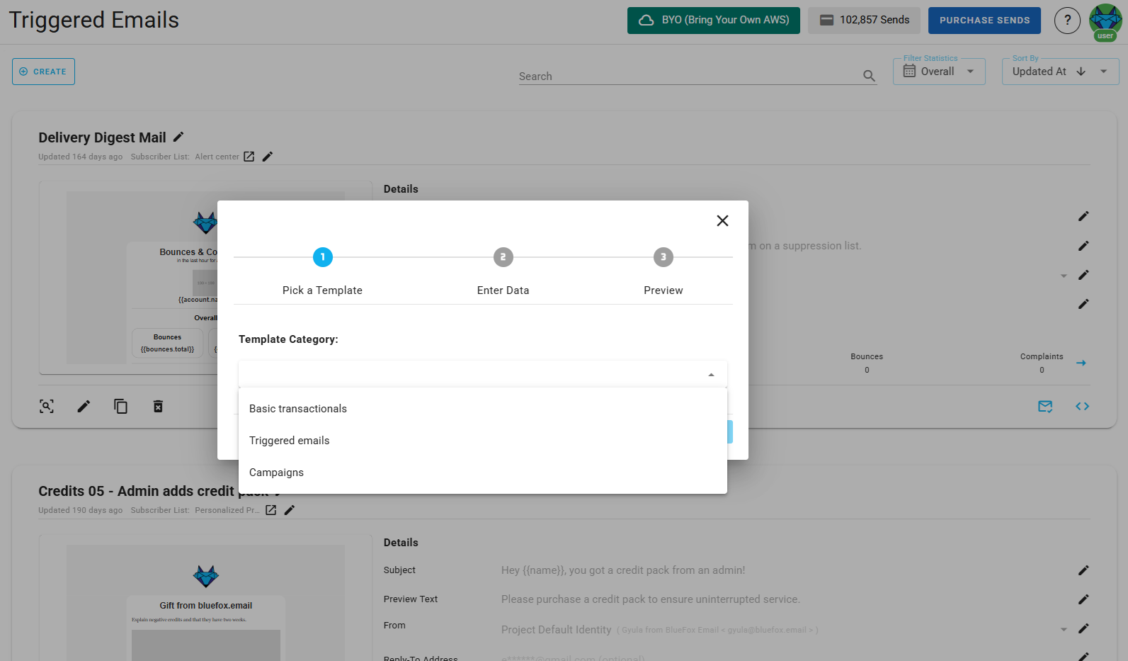 A screenshot of a project's triggered emails - create: template category selection.