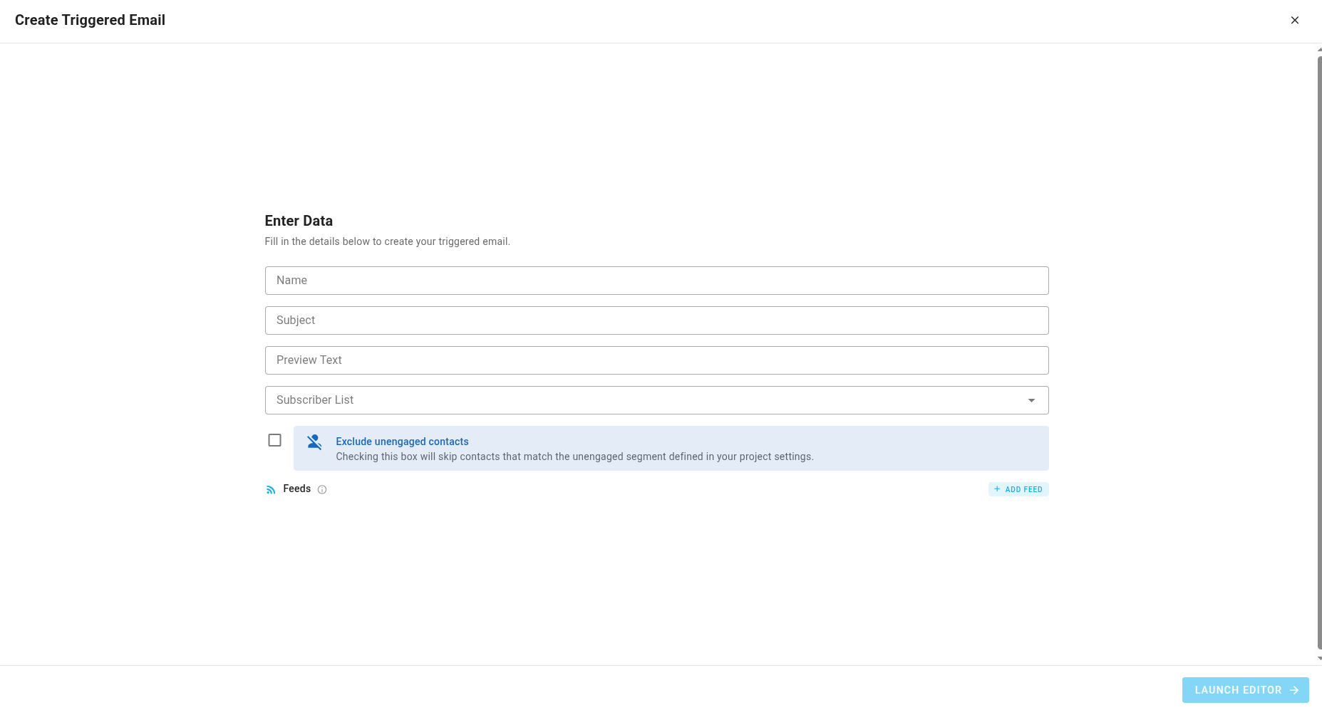 A screenshot of a project's triggered emails - create: enter data.