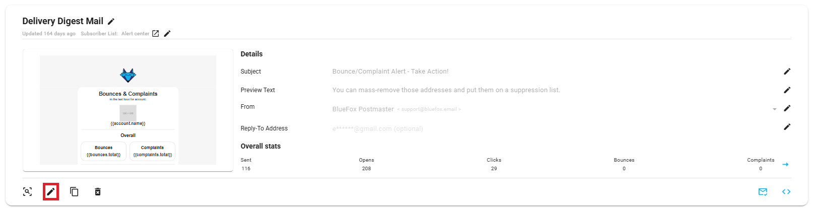 A screenshot of a triggered email card, edit button highlighted.
