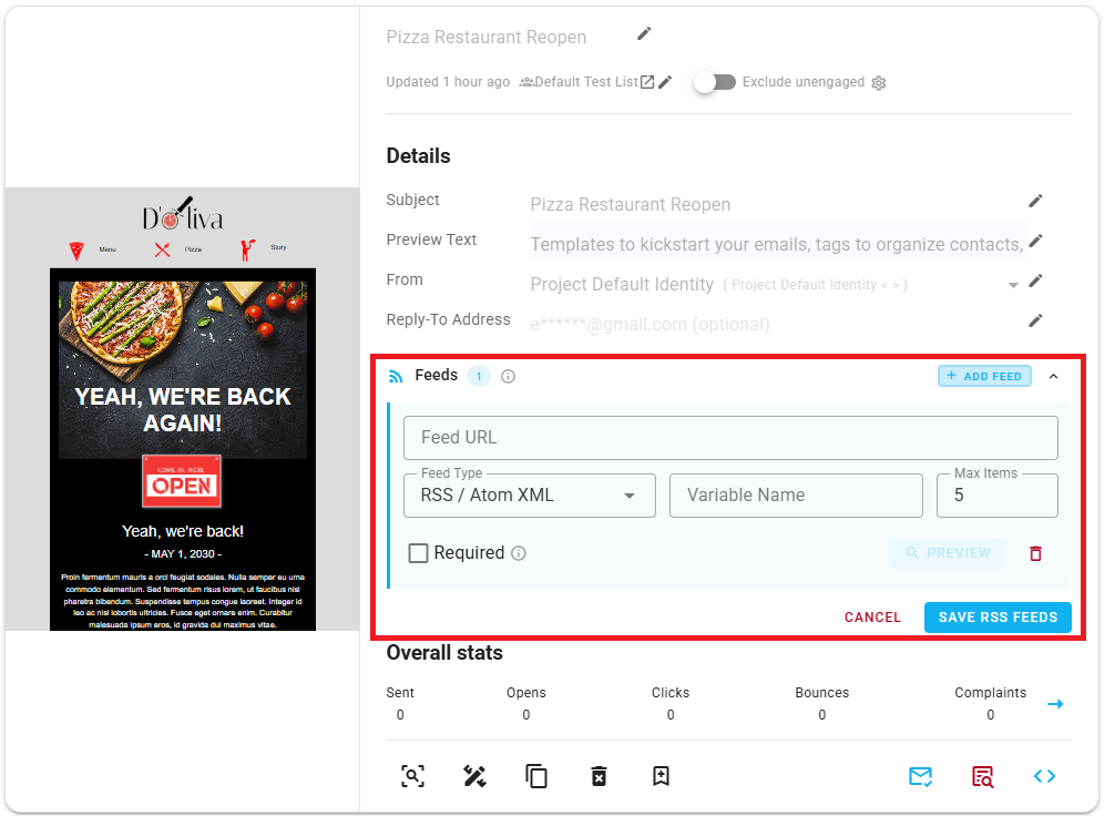 A screenshot of the Add Feed form expanded on a triggered email card.