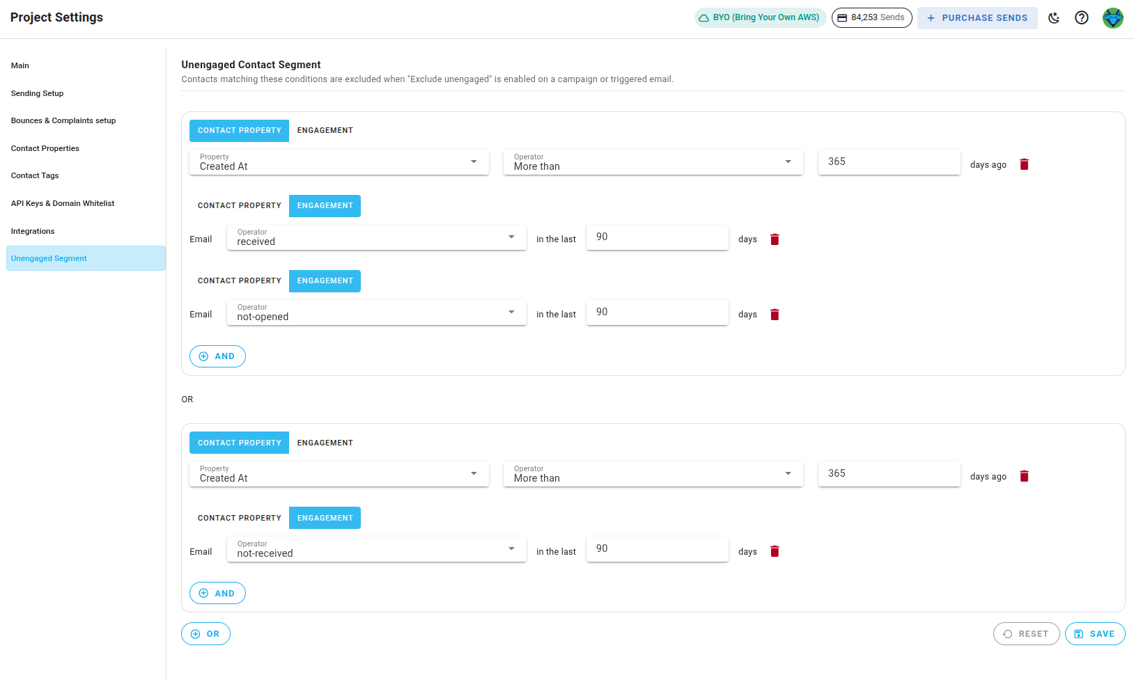 A screenshot of the unengaged contact segment section with the default definition.