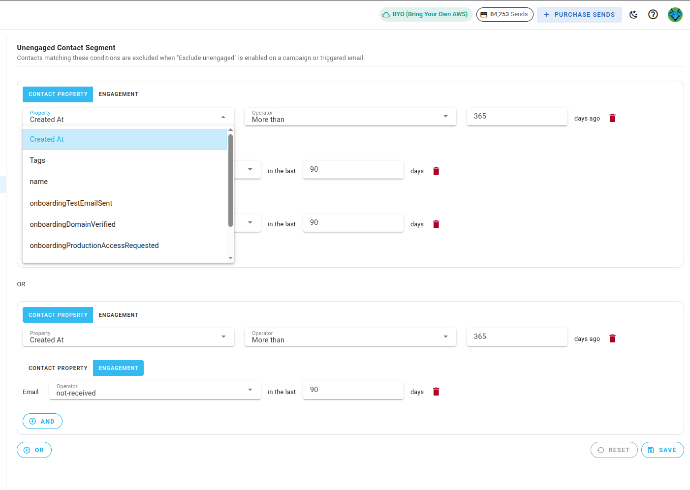 A screenshot of the unengaged contact segment section with the property dropdown open while editing a condition.