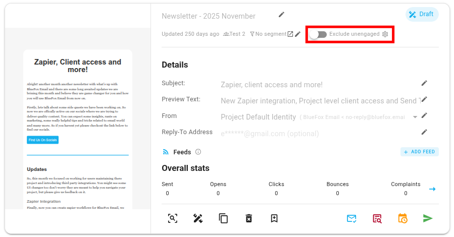 A screenshot of a campaign with the exclude unengaged toggle highlighted.