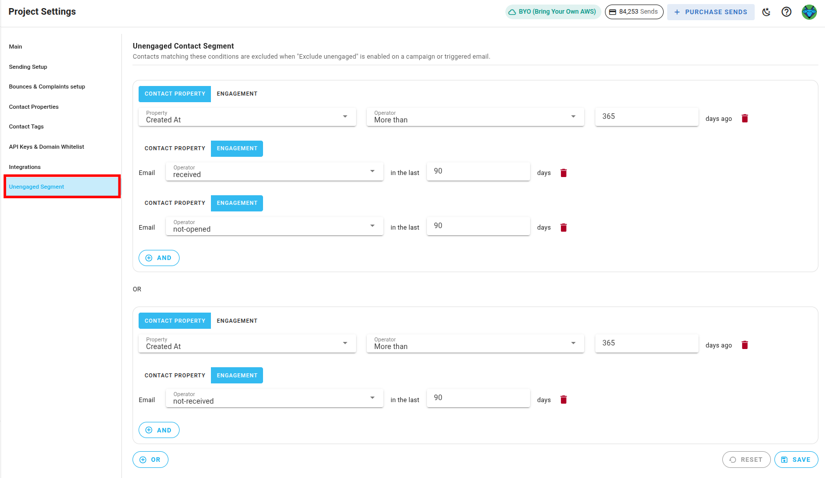A screenshot of the project settings side menu with the unengaged segment section highlighted.