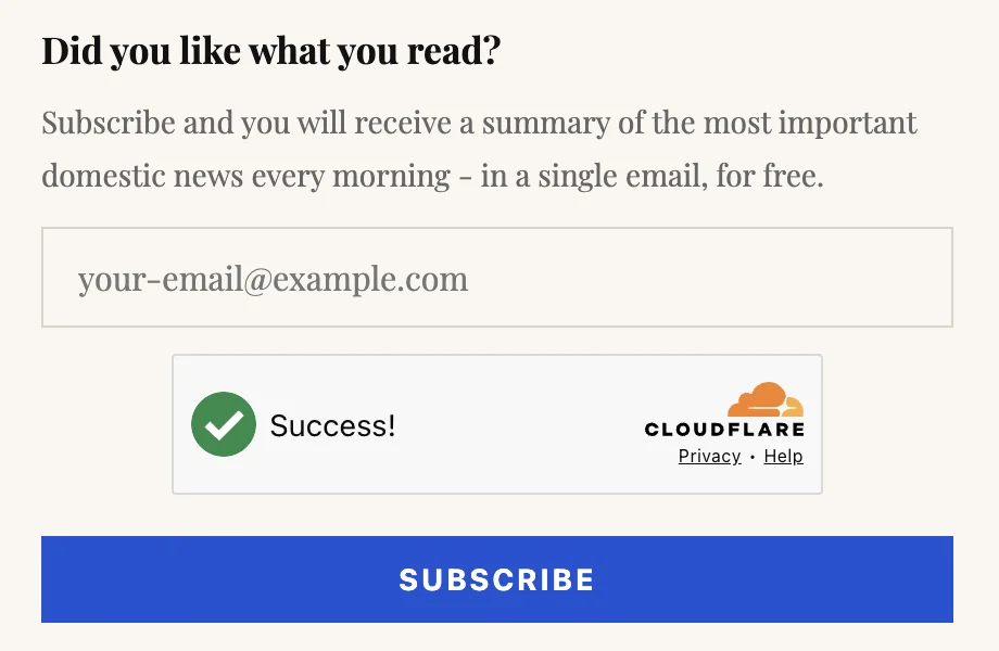 A signup form with a Cloudflare Turnstile challenge that has passed, showing a Success message next to the subscribe button