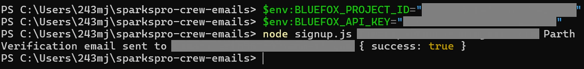A terminal running the signup script, which prints that the verification email was sent with success: true.