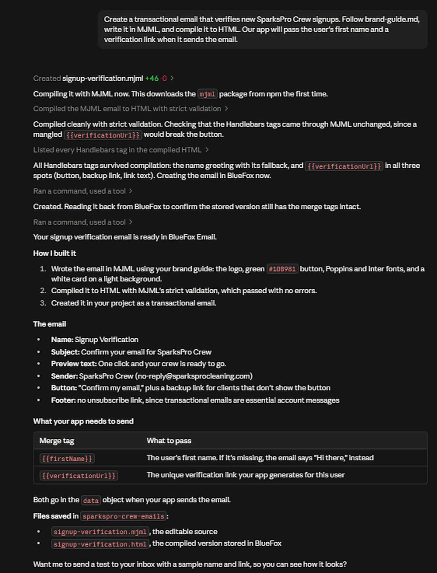 The AI agent writing the signup verification email in MJML, compiling it, checking the merge tags, and creating it in BlueFox Email.