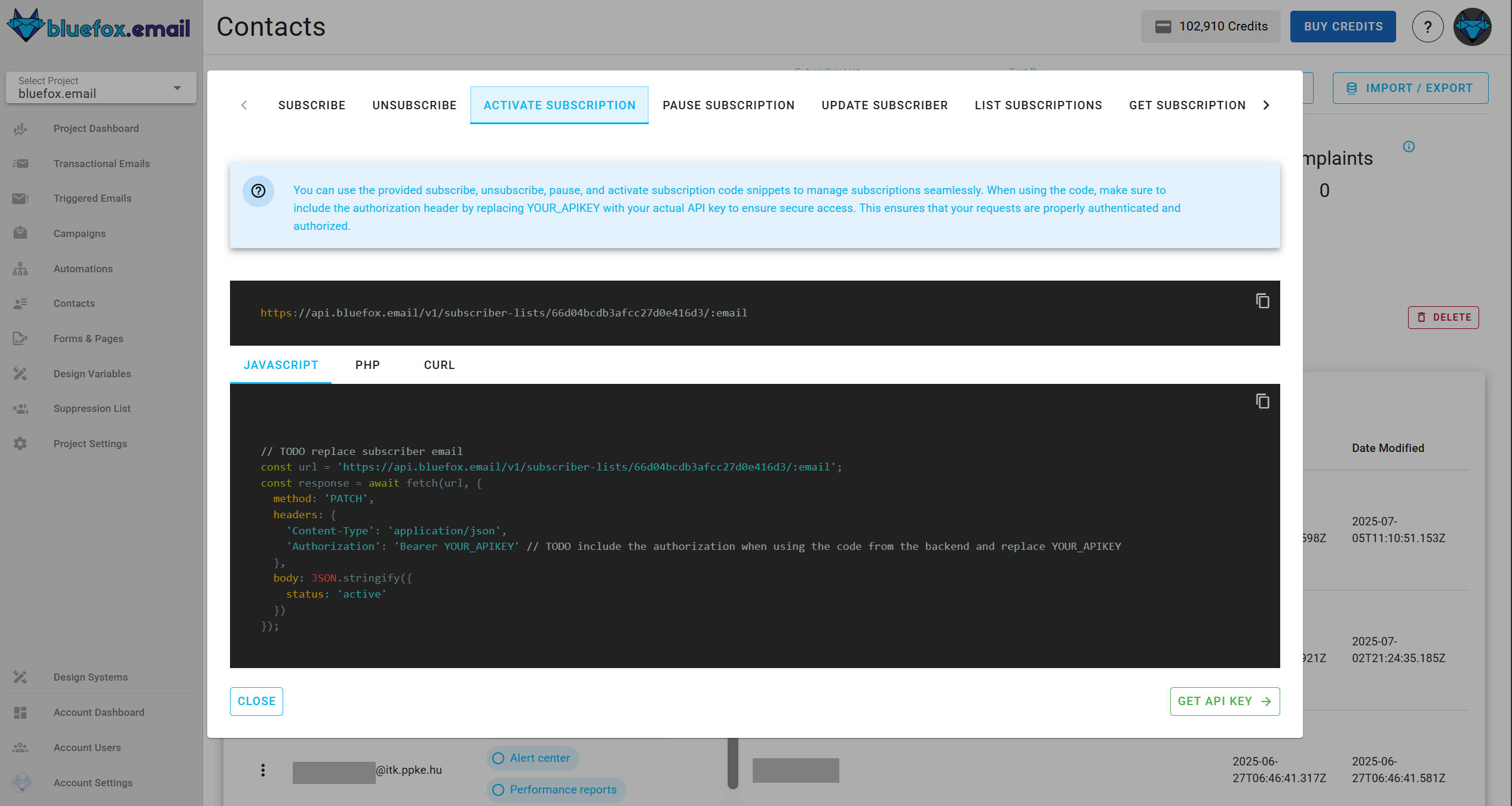 Screenshot of the code guide dialog in a subscriber list.