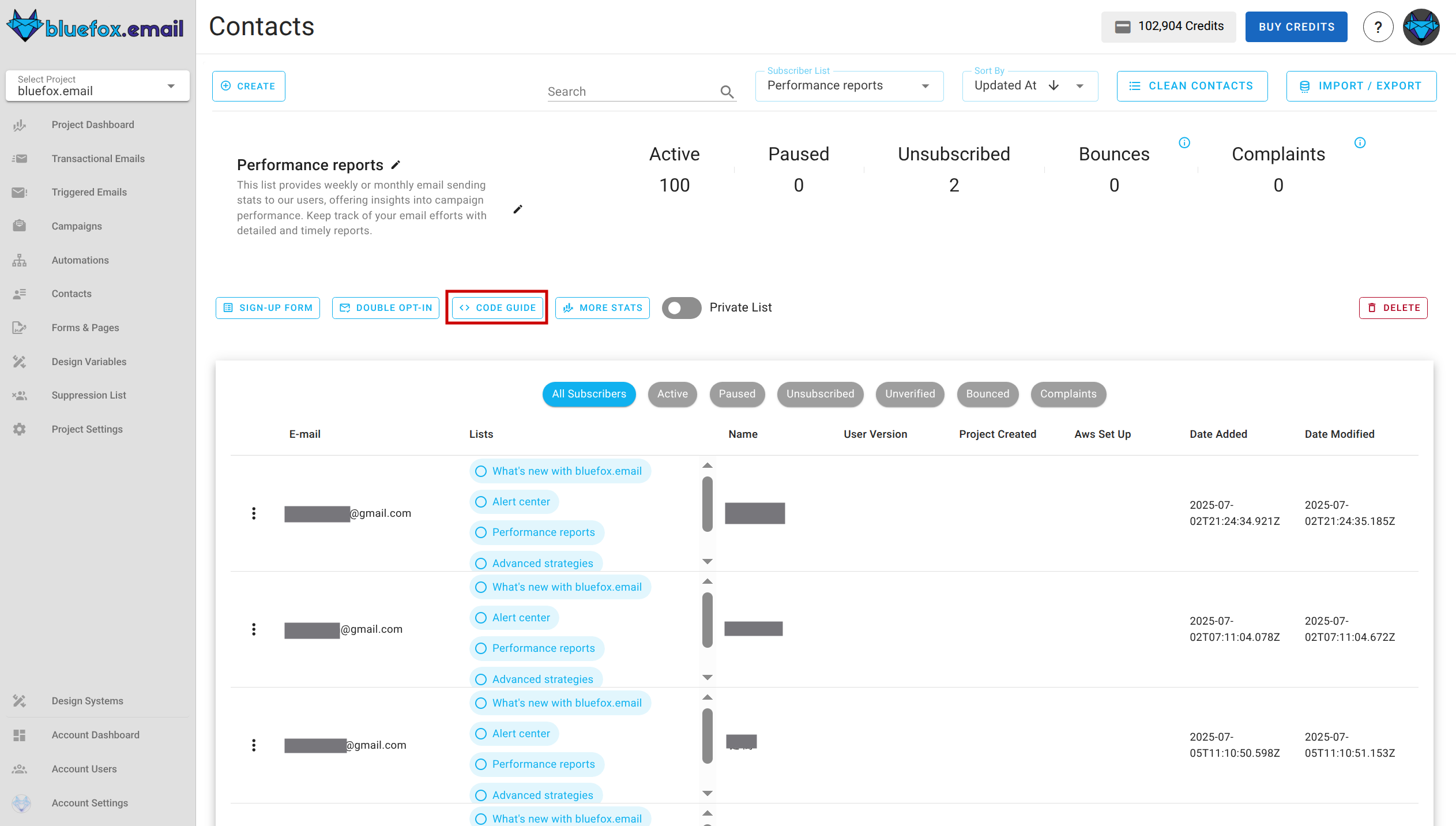 Screenshot of the highlighted code guide button in a subscriber list.