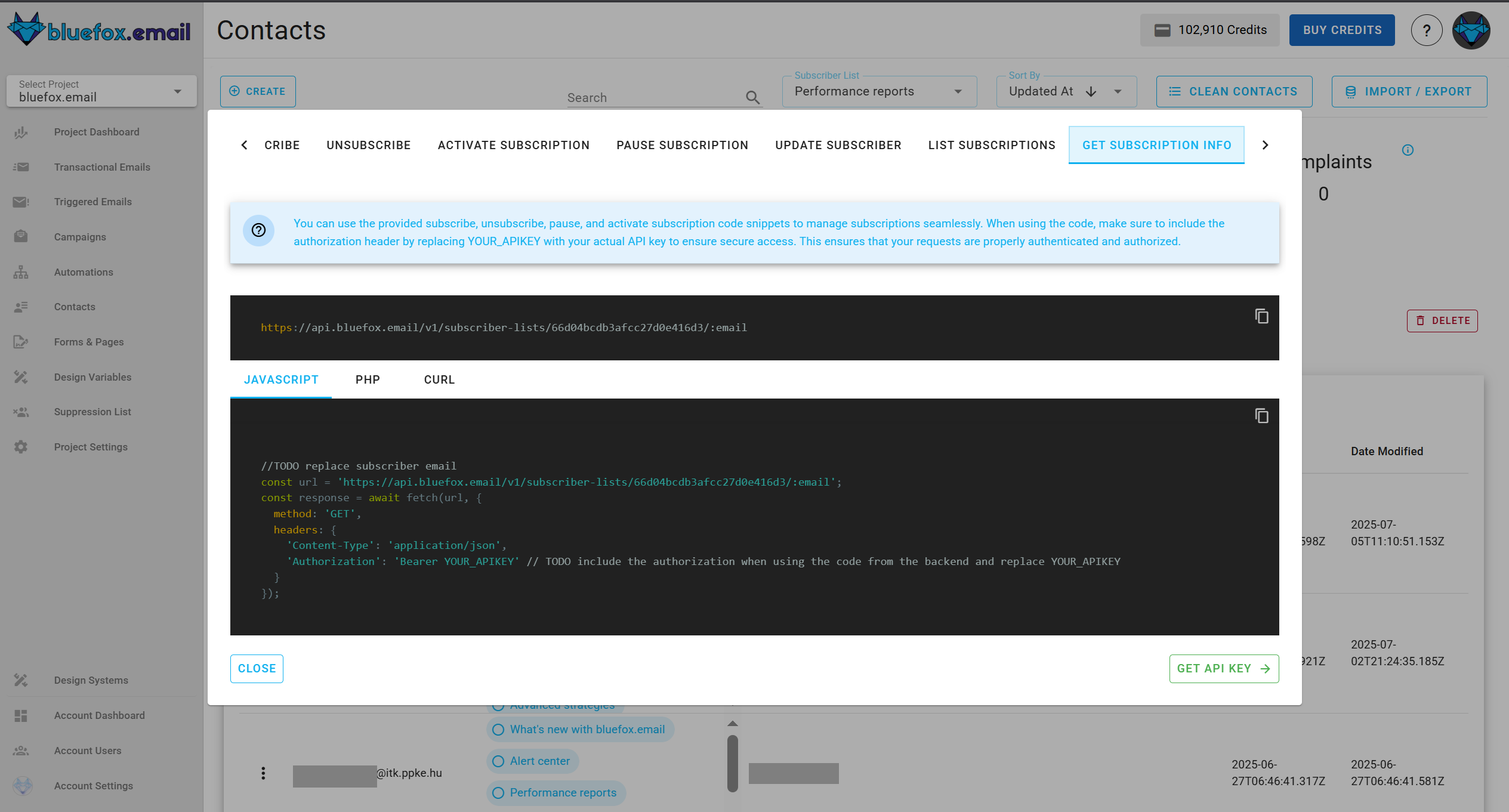 Screenshot of the code guide dialog in a subscriber list.