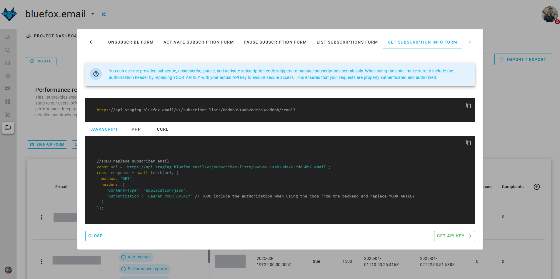 Screenshot of the code guide dialog in a subscriber list.