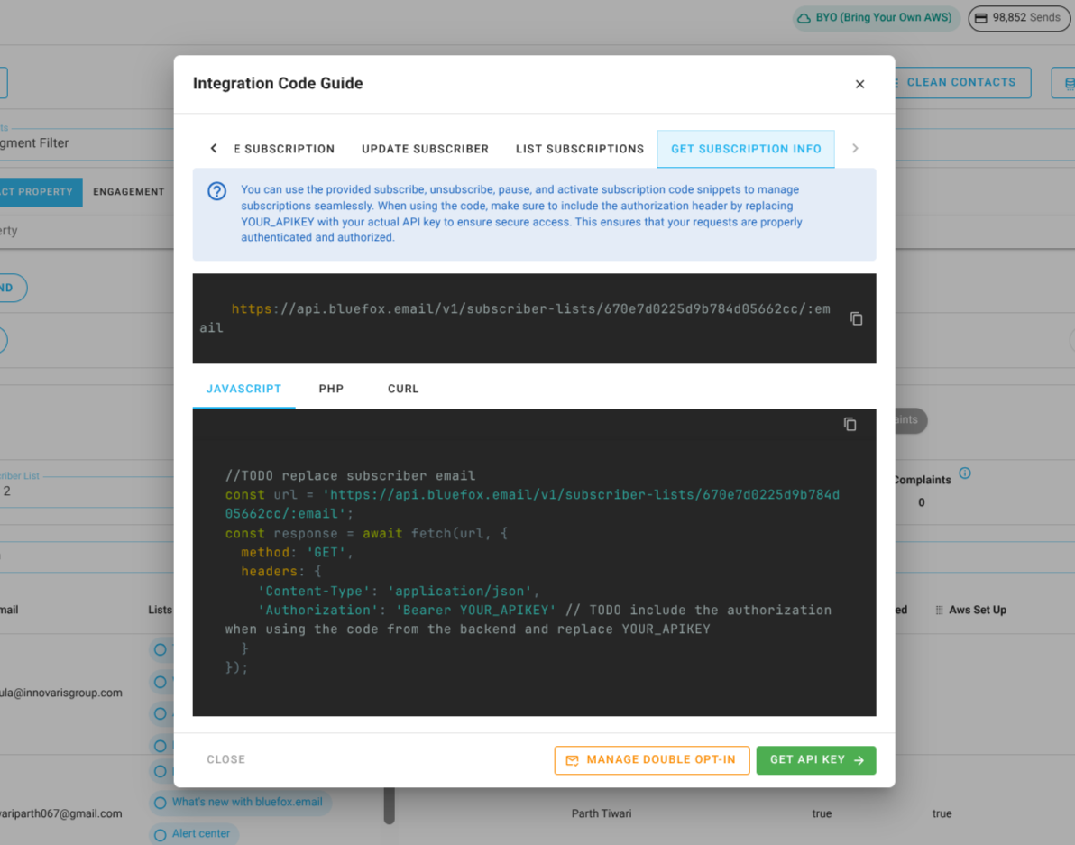 Screenshot of the code guide dialog in a subscriber list.