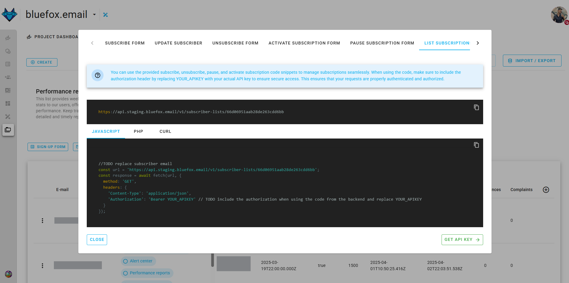Screenshot of the code guide dialog in a subscriber list.