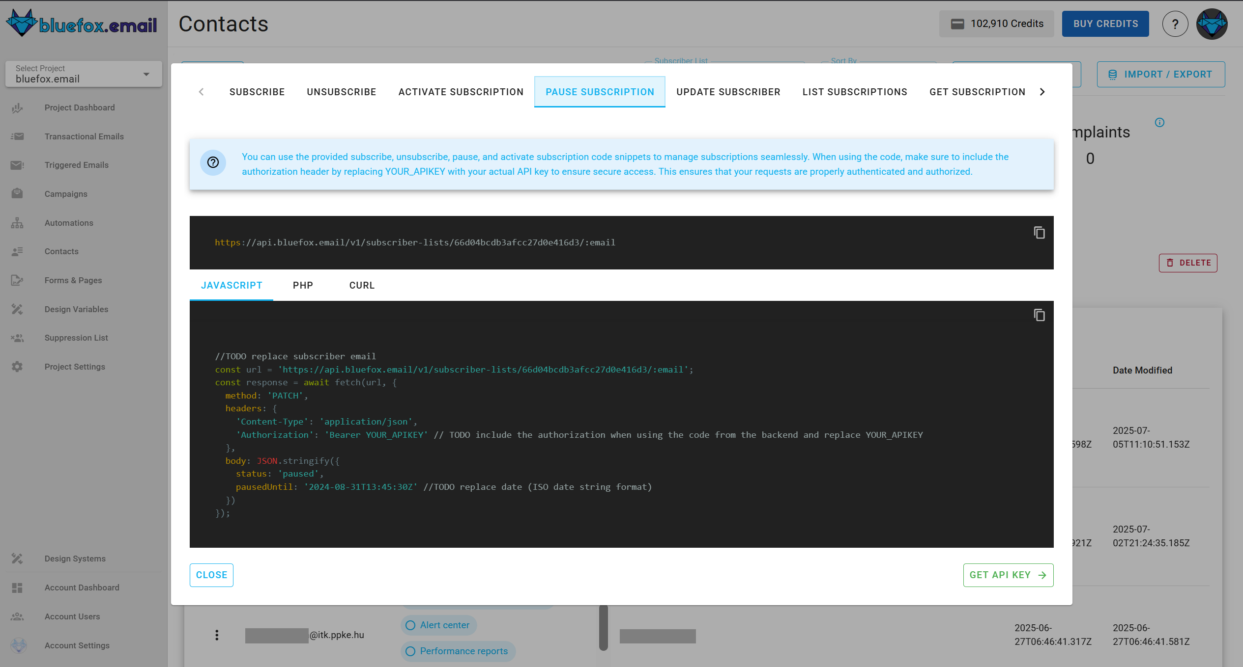 Screenshot of the code guide dialog in a subscriber list.