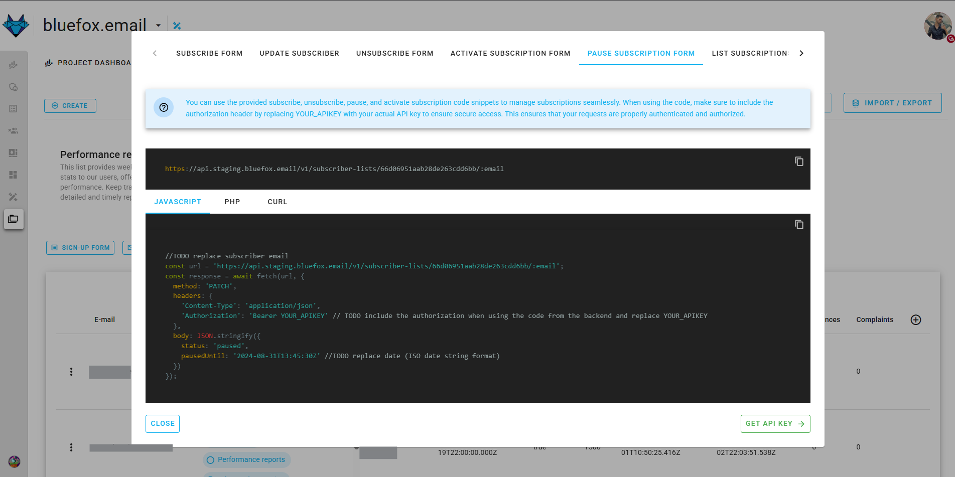 Screenshot of the code guide dialog in a subscriber list.