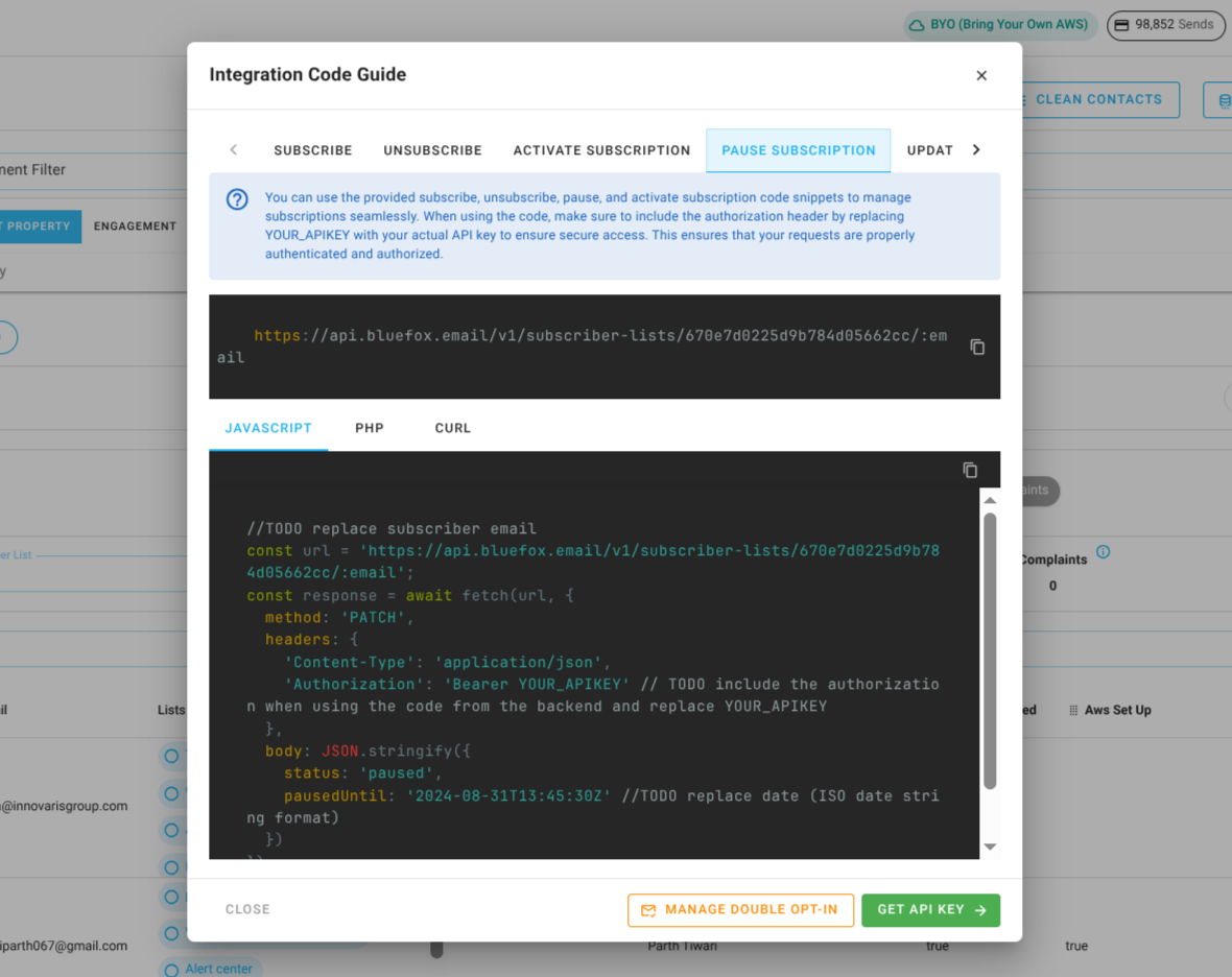 Screenshot of the code guide dialog in a subscriber list.