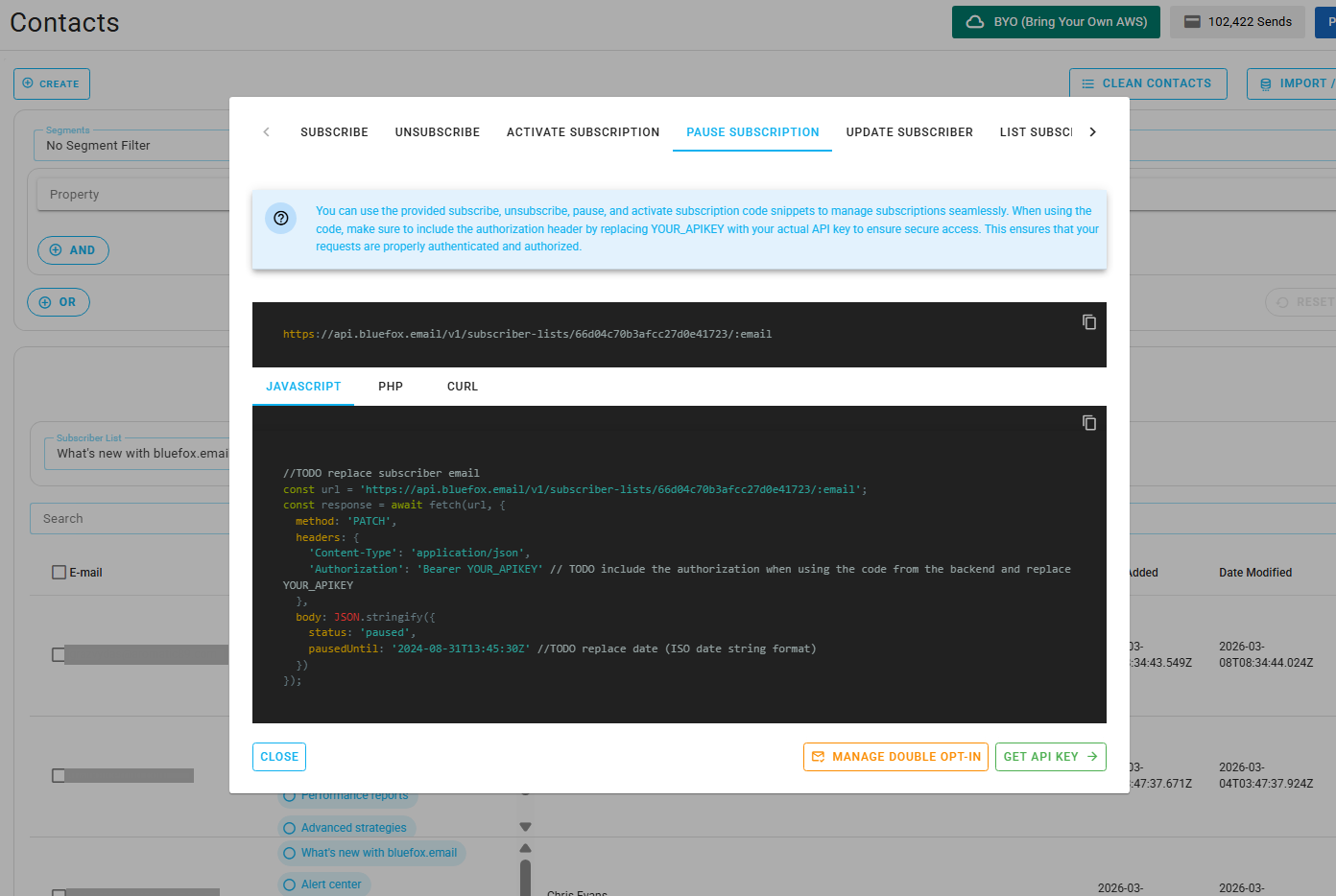 Screenshot of the code guide dialog in a subscriber list.