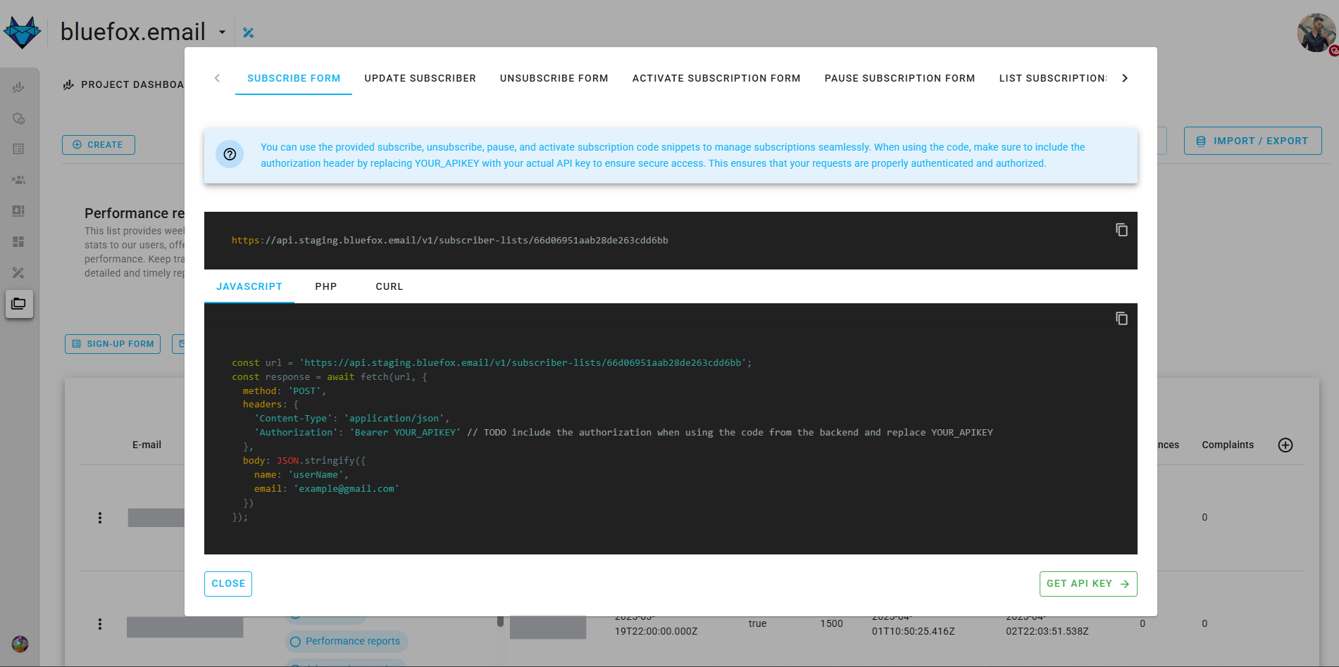 Screenshot of the code guide dialog in a subscriber list.