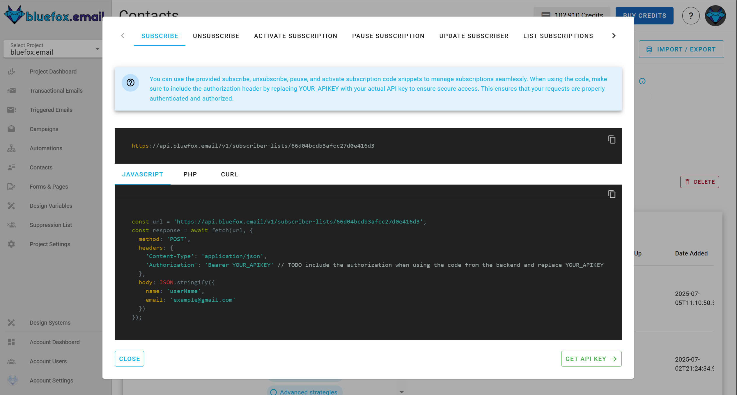 Screenshot of the code guide dialog in a subscriber list.
