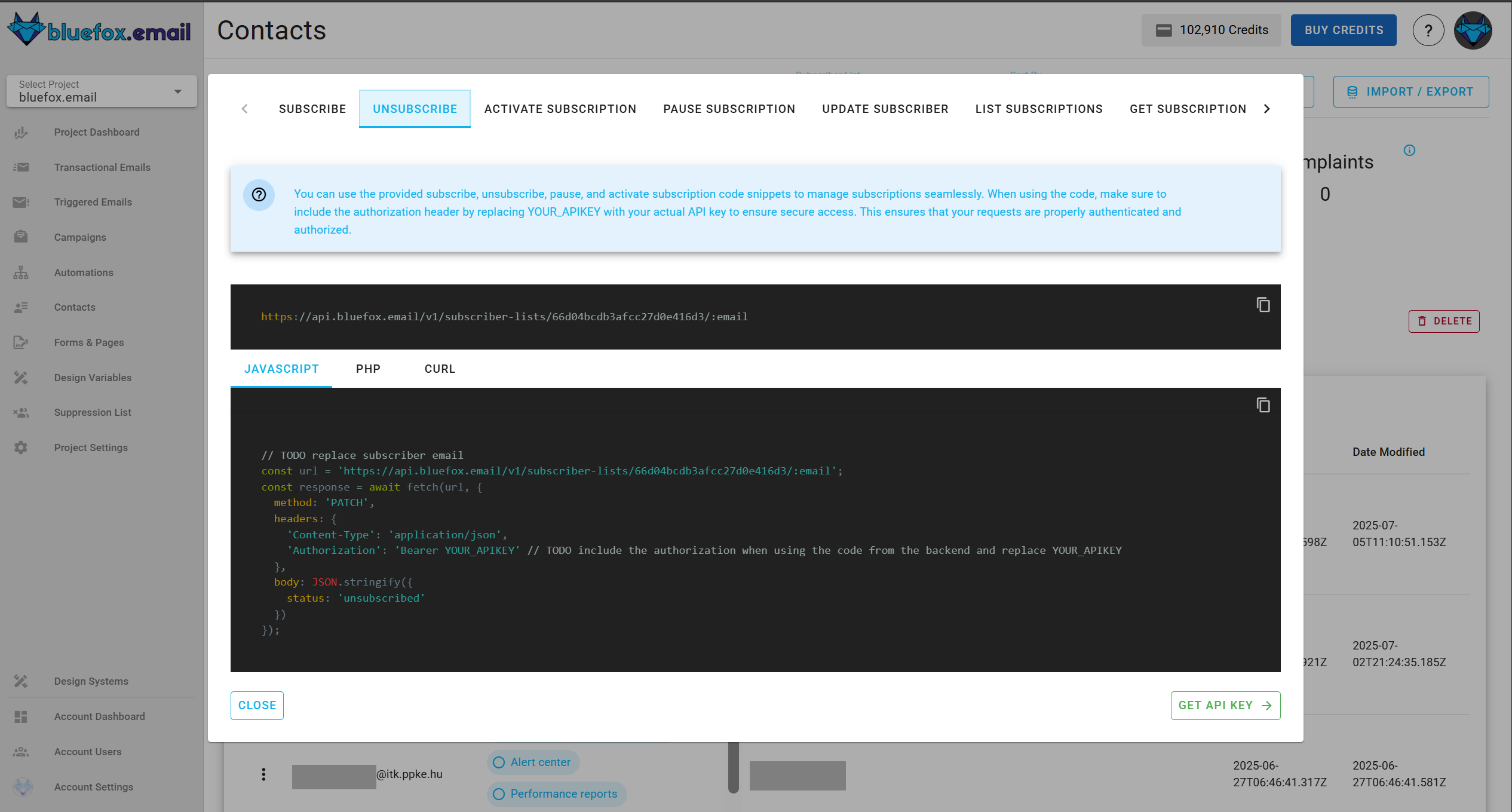 Screenshot of the code guide dialog in a subscriber list.