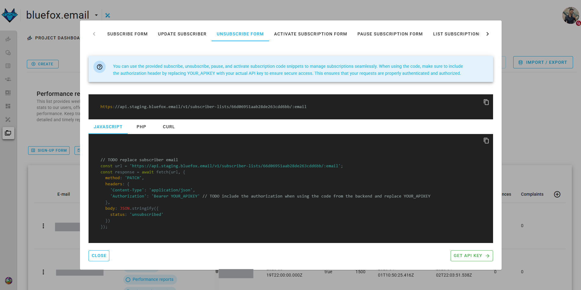 Screenshot of the code guide dialog in a subscriber list.