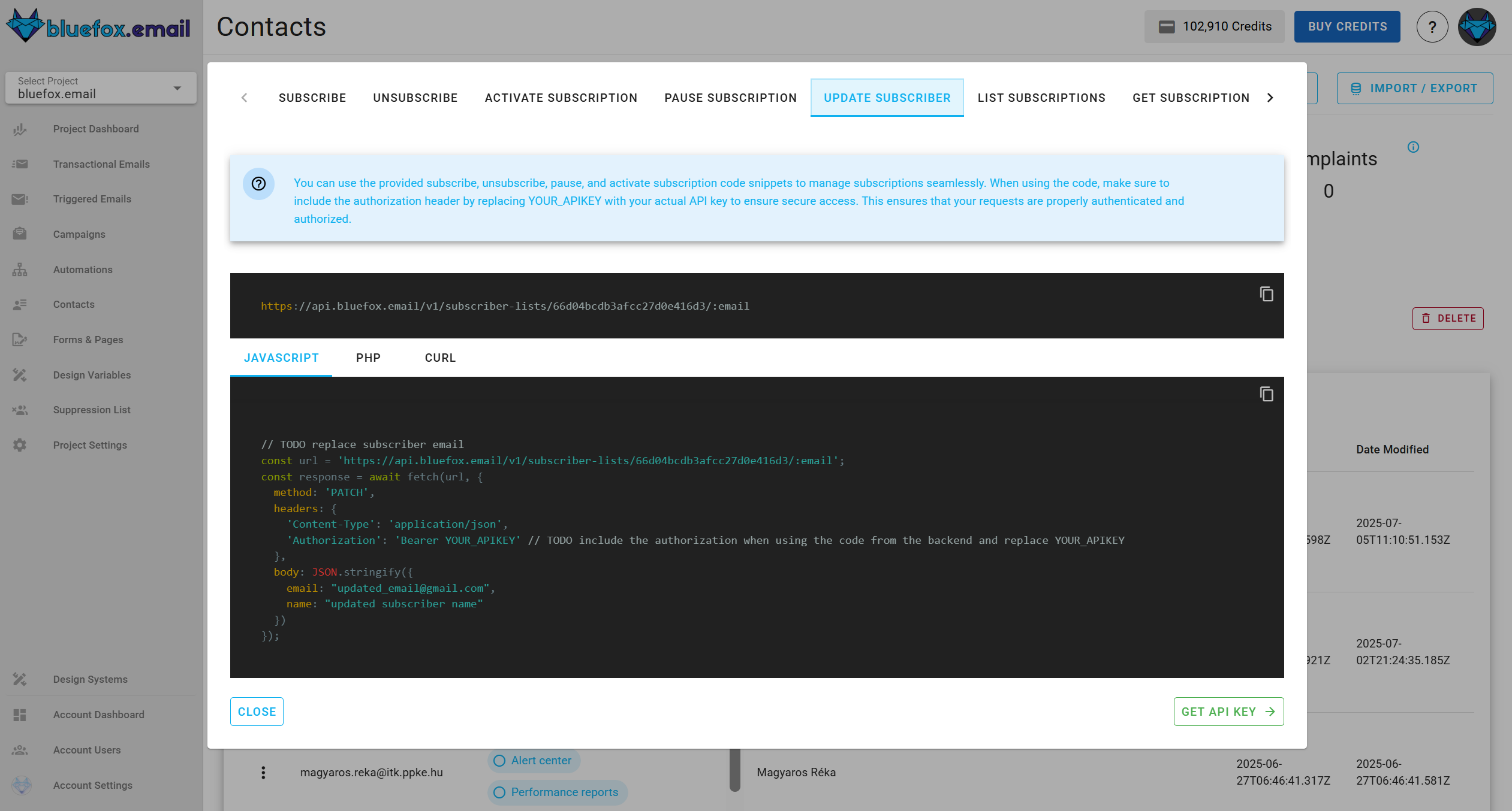 Screenshot of the code guide dialog in a subscriber list.