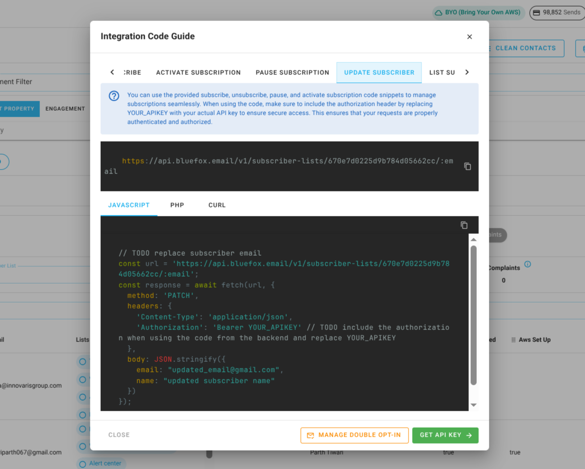 Screenshot of the code guide dialog in a subscriber list.